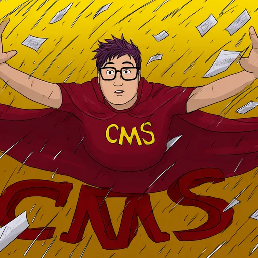 A super hero named CMS wearing his uniform