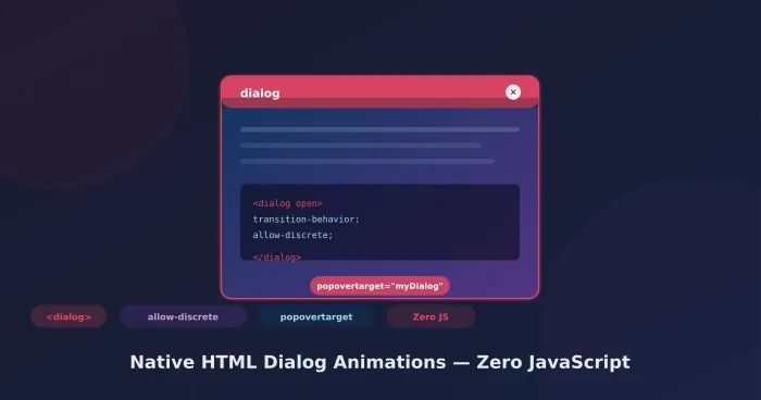 A stylized illustration of a dialog element with CSS transition-behavior code snippet