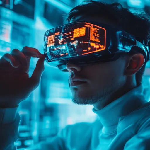 A person wearing a futuristic mask and looking at multiple screens