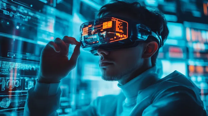 A person wearing a futuristic mask and looking at multiple screens