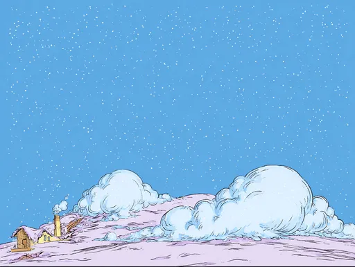 Snow falling from the sky on a mountain landscape with a house